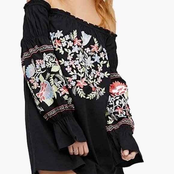 Free People Boho Embroidered Dress Women's Small Black Floral Mini Festival - Picture 2 of 10